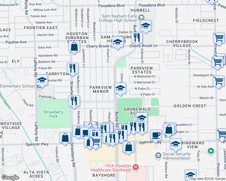 map of restaurants, bars, coffee shops, grocery stores, and more near 2708 Burke Road in Pasadena