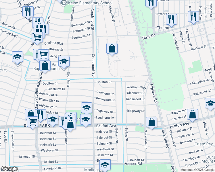 map of restaurants, bars, coffee shops, grocery stores, and more near 6033 Wortham Way in Houston