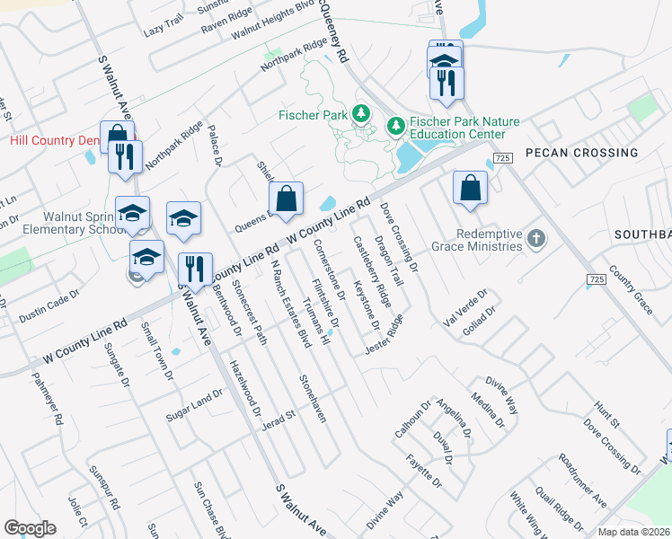 map of restaurants, bars, coffee shops, grocery stores, and more near 2051 Cornerstone Drive in New Braunfels