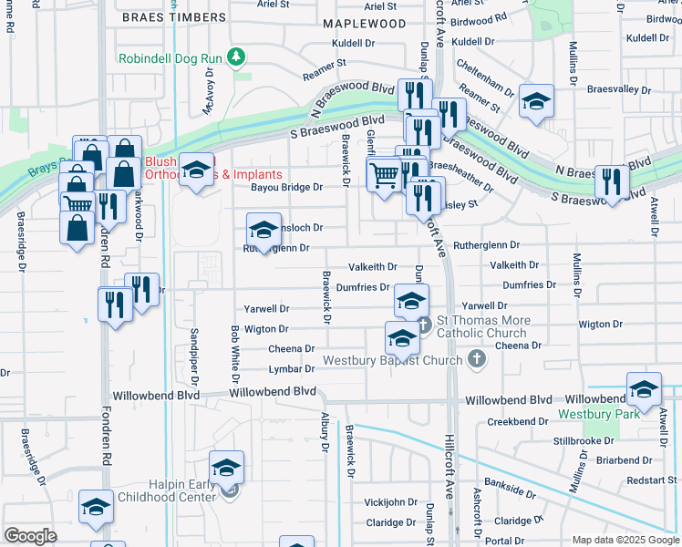 map of restaurants, bars, coffee shops, grocery stores, and more near 6039 Valkeith Drive in Houston