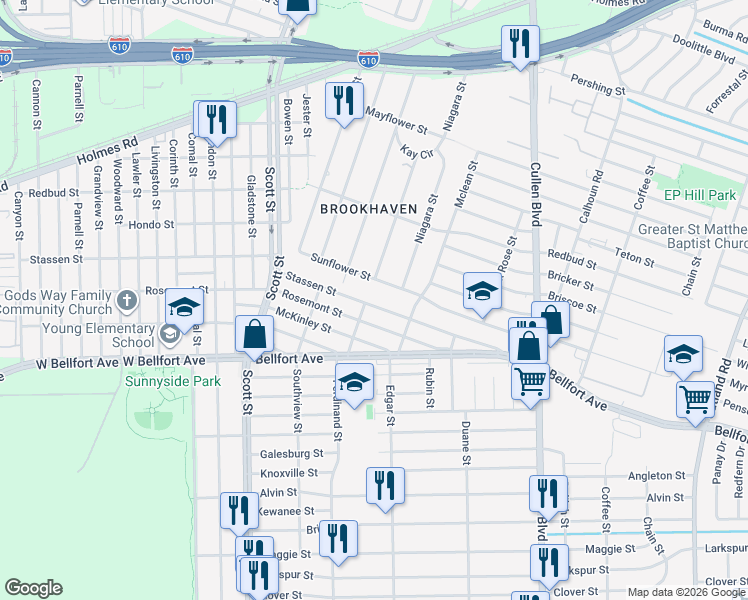 map of restaurants, bars, coffee shops, grocery stores, and more near 4407 Stassen Street in Houston
