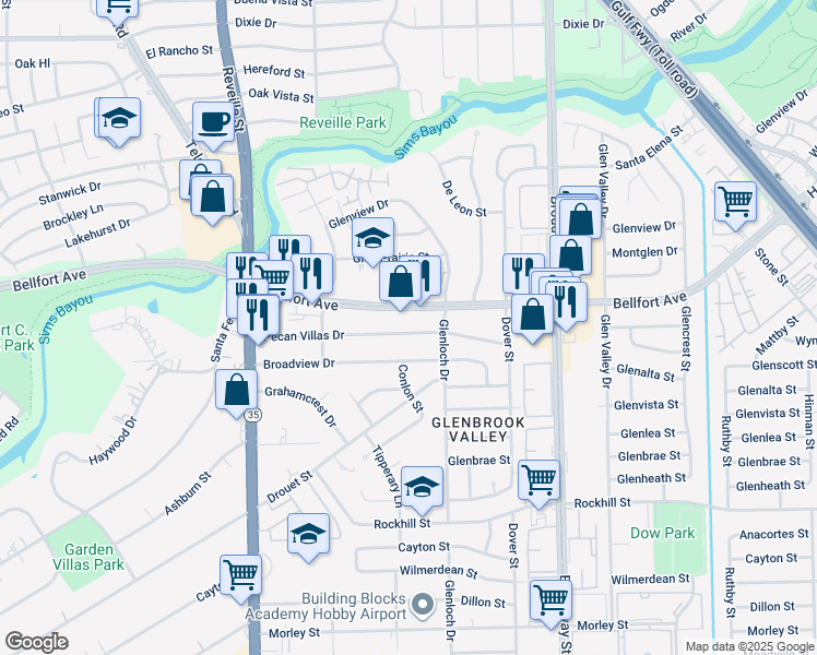 map of restaurants, bars, coffee shops, grocery stores, and more near 7831 Pecan Villas Drive in Houston
