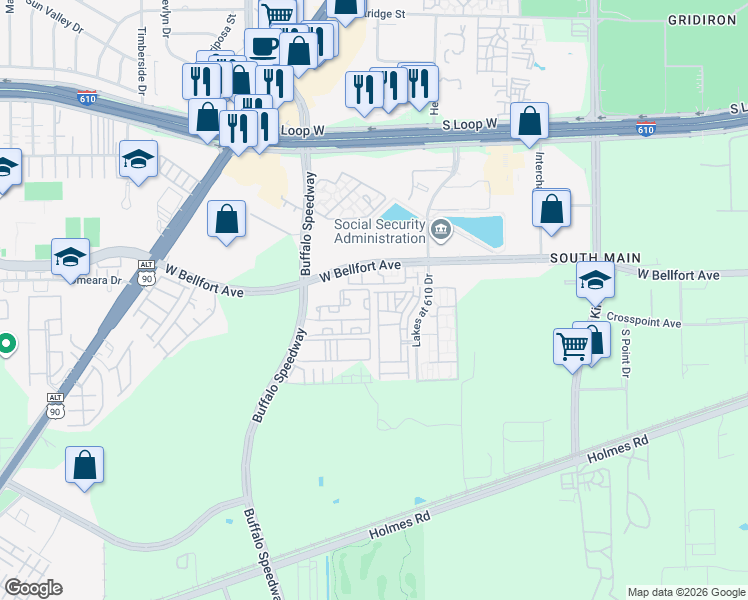 map of restaurants, bars, coffee shops, grocery stores, and more near 10201 Buffalo Speedway in Houston