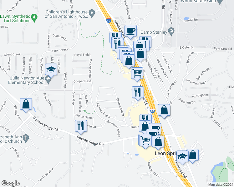 map of restaurants, bars, coffee shops, grocery stores, and more near 24702 Brazos Stage in San Antonio