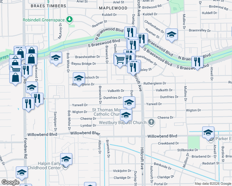 map of restaurants, bars, coffee shops, grocery stores, and more near 6011 Valkeith Drive in Houston