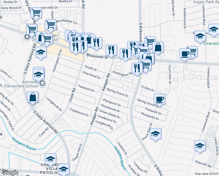 map of restaurants, bars, coffee shops, grocery stores, and more near 12070 Spring Grove Drive in Houston