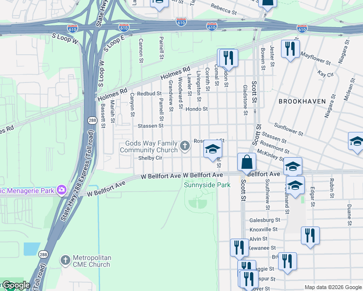 map of restaurants, bars, coffee shops, grocery stores, and more near 8310 Lawler Street in Houston