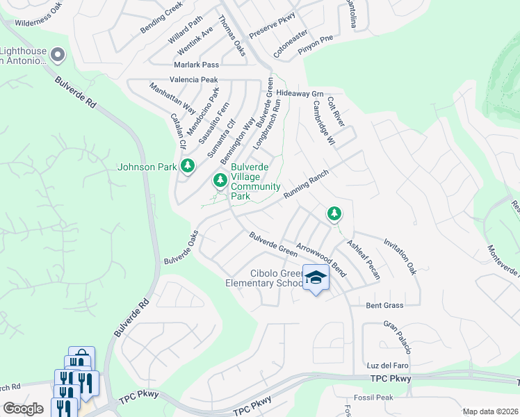 map of restaurants, bars, coffee shops, grocery stores, and more near 3555 Running Ranch in San Antonio