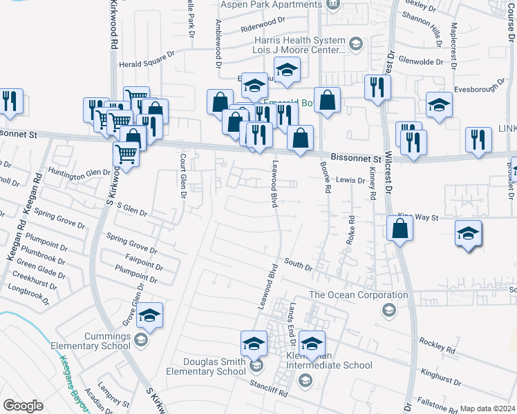 map of restaurants, bars, coffee shops, grocery stores, and more near 11503 Elmcroft Drive in Houston