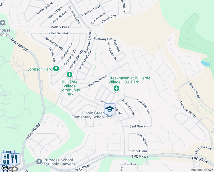 map of restaurants, bars, coffee shops, grocery stores, and more near 3719 Ponderosa Bend in San Antonio