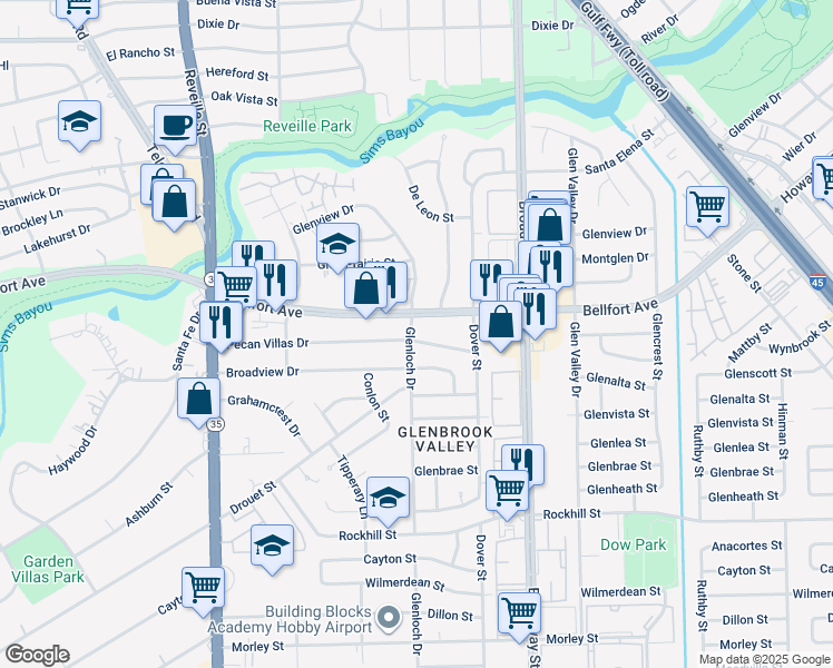 map of restaurants, bars, coffee shops, grocery stores, and more near 7857 Pecan Villas Drive in Houston