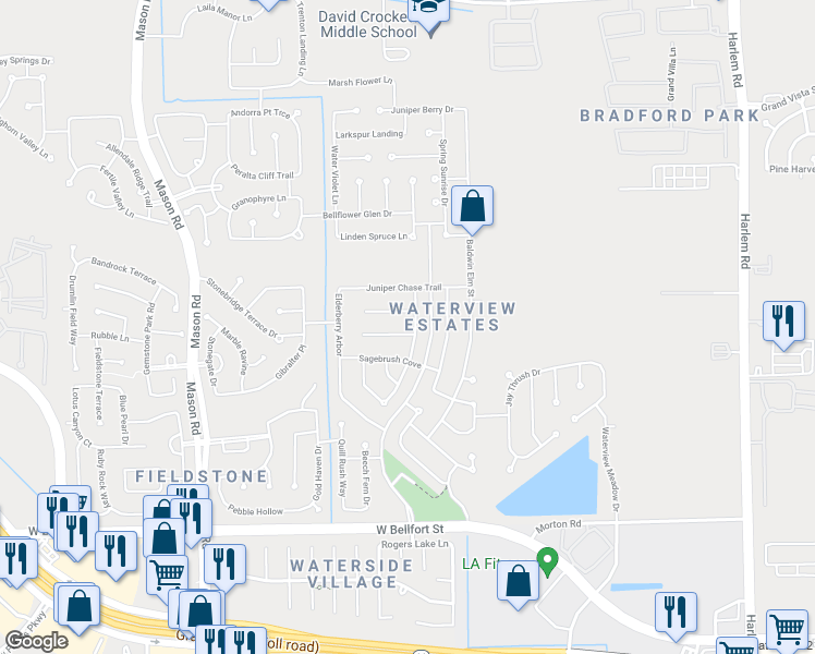 map of restaurants, bars, coffee shops, grocery stores, and more near 19906 Pemetic Trail in Richmond