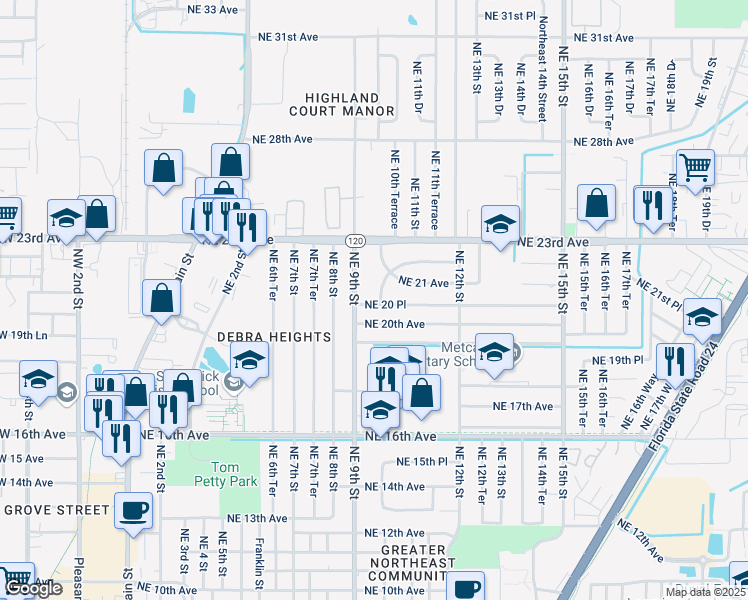 map of restaurants, bars, coffee shops, grocery stores, and more near 924 Northeast 20 Place in Gainesville