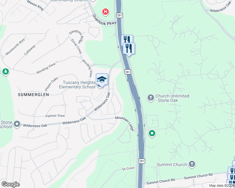 map of restaurants, bars, coffee shops, grocery stores, and more near 2431 Cortona Mist in San Antonio