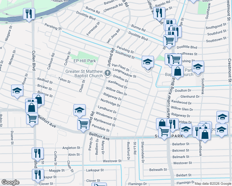 map of restaurants, bars, coffee shops, grocery stores, and more near 5206 Willow Glen Drive in Houston