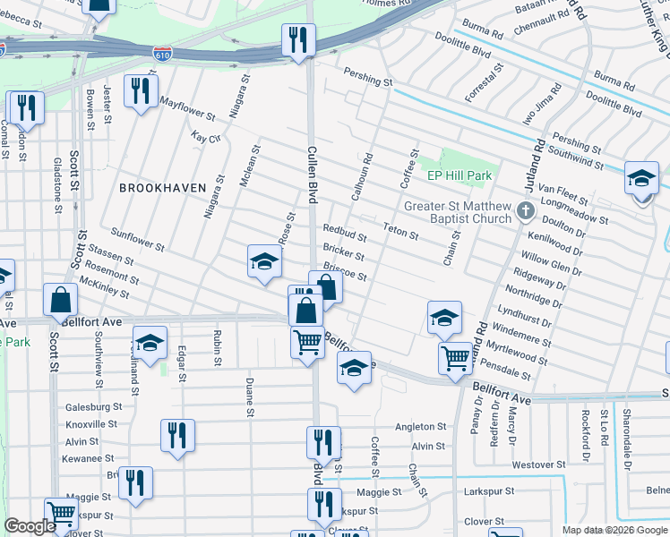 map of restaurants, bars, coffee shops, grocery stores, and more near 4746 Briscoe Street in Houston