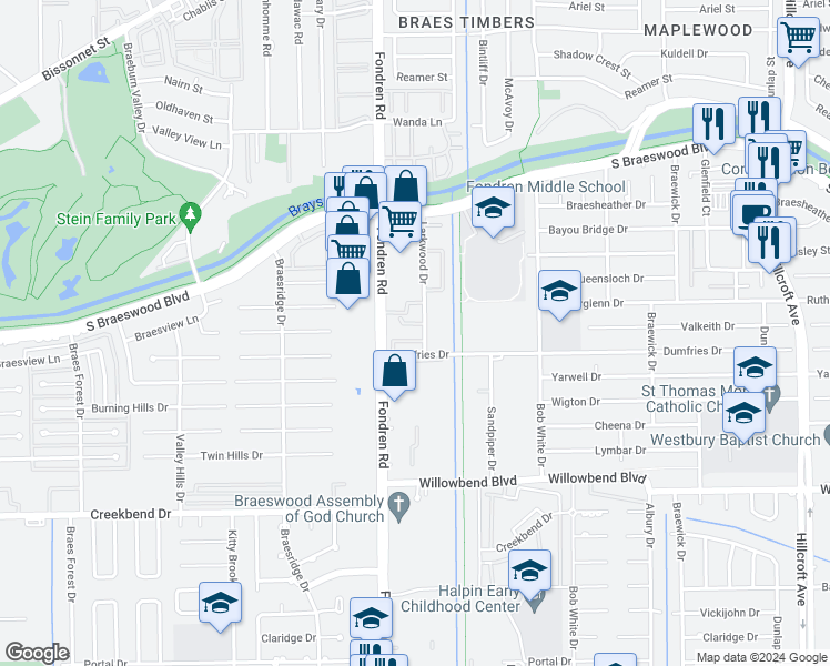 map of restaurants, bars, coffee shops, grocery stores, and more near 9801 Fondren Road in Houston