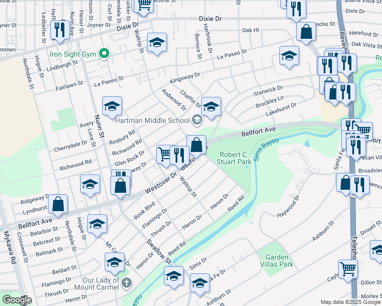 map of restaurants, bars, coffee shops, grocery stores, and more near 7155 Bellfort Avenue in Houston