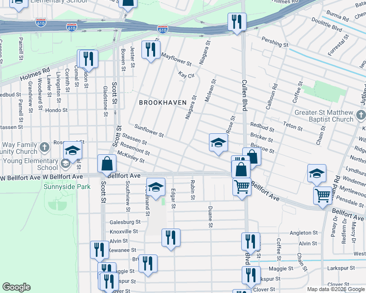 map of restaurants, bars, coffee shops, grocery stores, and more near 4430 Sunflower Street in Houston