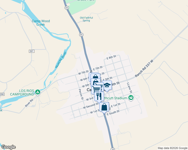 map of restaurants, bars, coffee shops, grocery stores, and more near 102 East 6th Street in Camp Wood