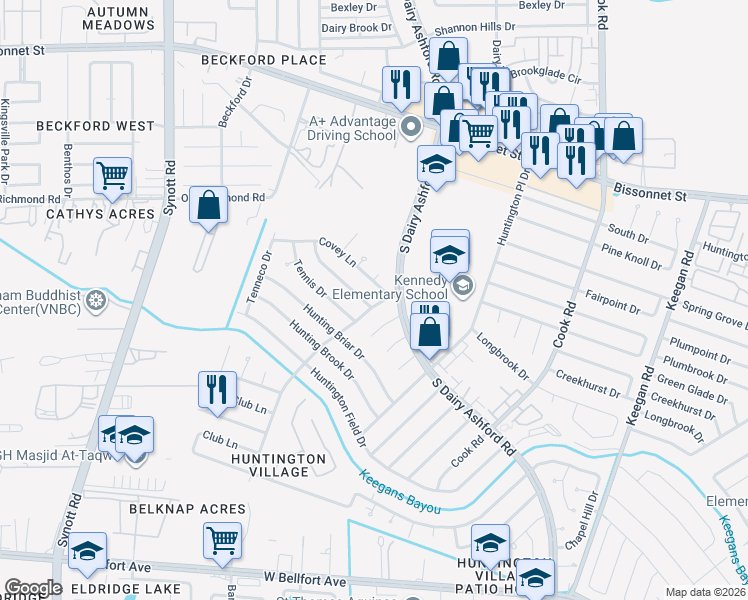 map of restaurants, bars, coffee shops, grocery stores, and more near 12702 Palm Desert Lane in Houston