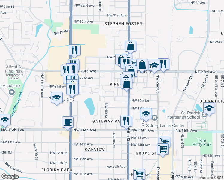 map of restaurants, bars, coffee shops, grocery stores, and more near 851 Northwest 21 Avenue in Gainesville