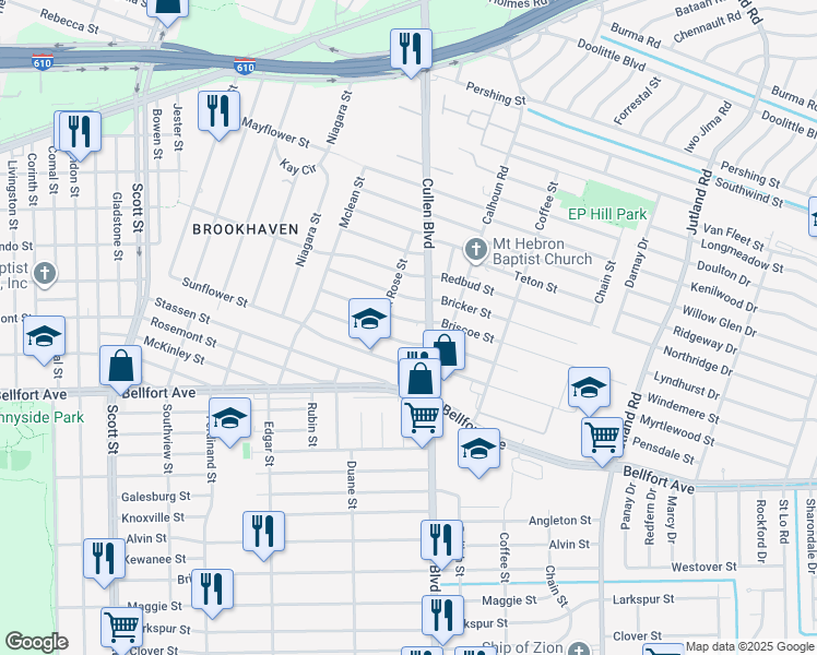 map of restaurants, bars, coffee shops, grocery stores, and more near 4622 Briscoe St in Houston