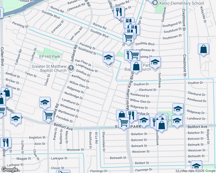 map of restaurants, bars, coffee shops, grocery stores, and more near 5429 Kenilwood Drive in Houston