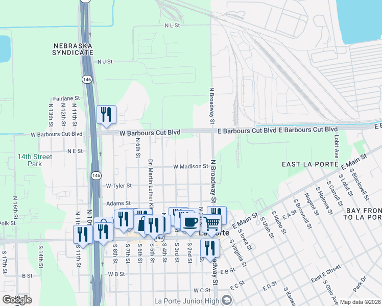 map of restaurants, bars, coffee shops, grocery stores, and more near 524 North 3rd Street in La Porte