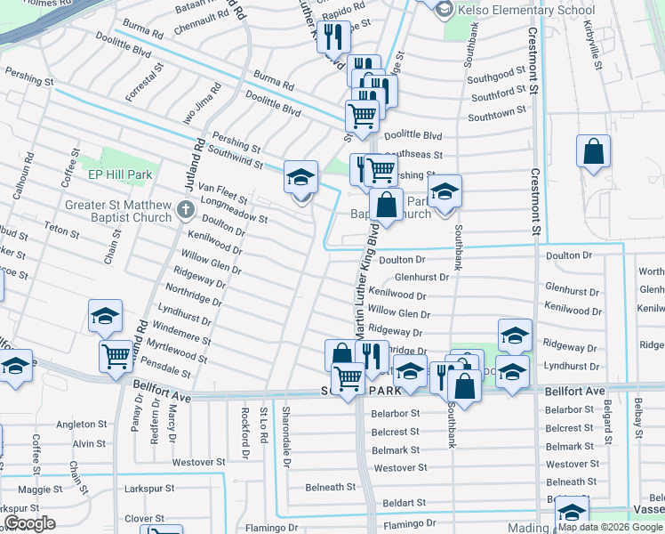 map of restaurants, bars, coffee shops, grocery stores, and more near 5602 Doulton Drive in Houston