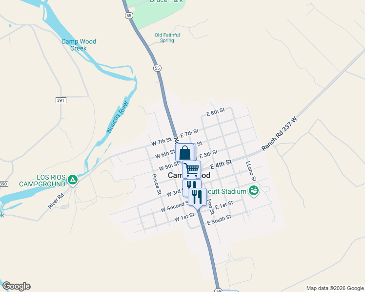 map of restaurants, bars, coffee shops, grocery stores, and more near 102 East 6th Street in Camp Wood