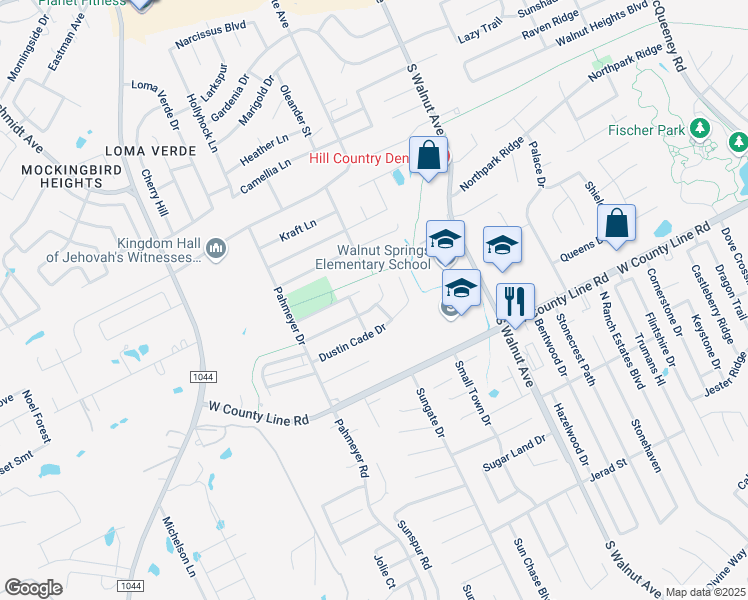 map of restaurants, bars, coffee shops, grocery stores, and more near 1572 Kimberly Dawn Drive in New Braunfels