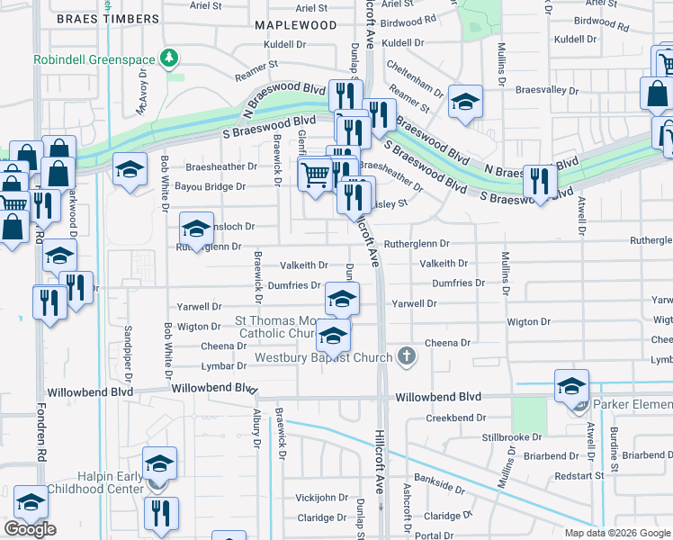 map of restaurants, bars, coffee shops, grocery stores, and more near 5935 Valkeith Drive in Houston