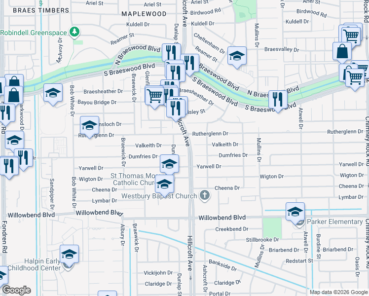 map of restaurants, bars, coffee shops, grocery stores, and more near 5907 Valkeith Drive in Houston