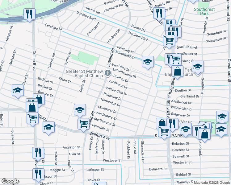 map of restaurants, bars, coffee shops, grocery stores, and more near 5206 Willow Glen Drive in Houston