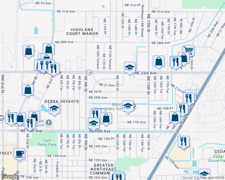 map of restaurants, bars, coffee shops, grocery stores, and more near 1122 Northeast 20 Place in Gainesville