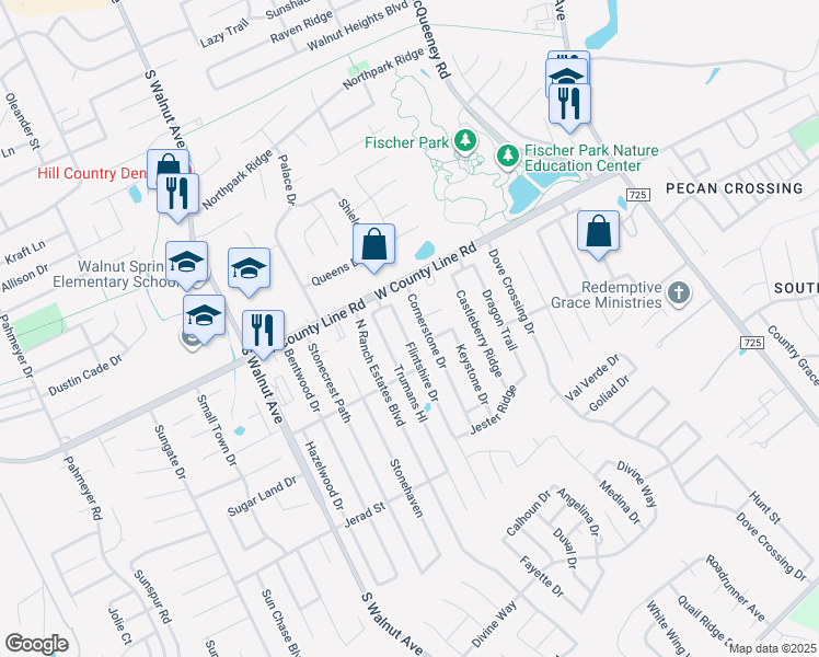 map of restaurants, bars, coffee shops, grocery stores, and more near 2048 Flintshire Drive in New Braunfels