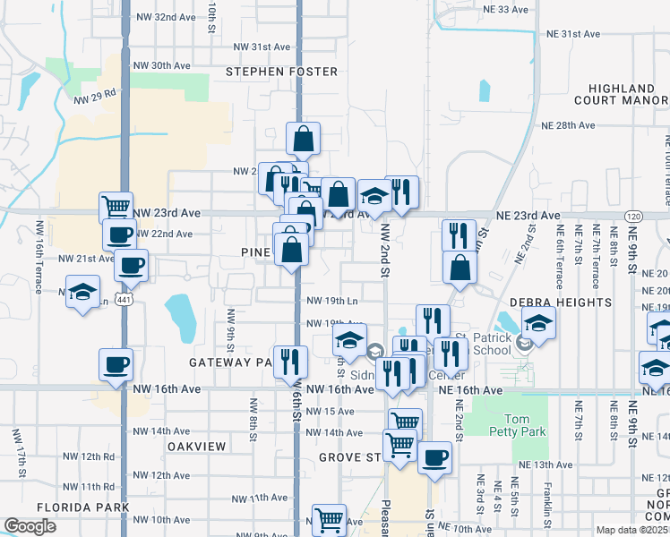 map of restaurants, bars, coffee shops, grocery stores, and more near 2014 Northwest 4th Street in Gainesville