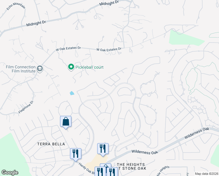map of restaurants, bars, coffee shops, grocery stores, and more near 23603 Silver Creek in San Antonio