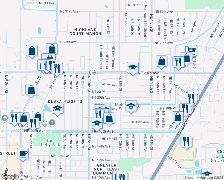 map of restaurants, bars, coffee shops, grocery stores, and more near 1122 Northeast 20 Place in Gainesville
