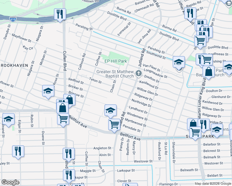 map of restaurants, bars, coffee shops, grocery stores, and more near 7918 Darnay Drive in Houston