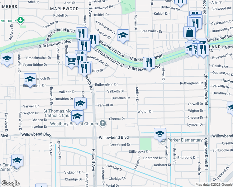 map of restaurants, bars, coffee shops, grocery stores, and more near 5734 Dumfries Drive in Houston