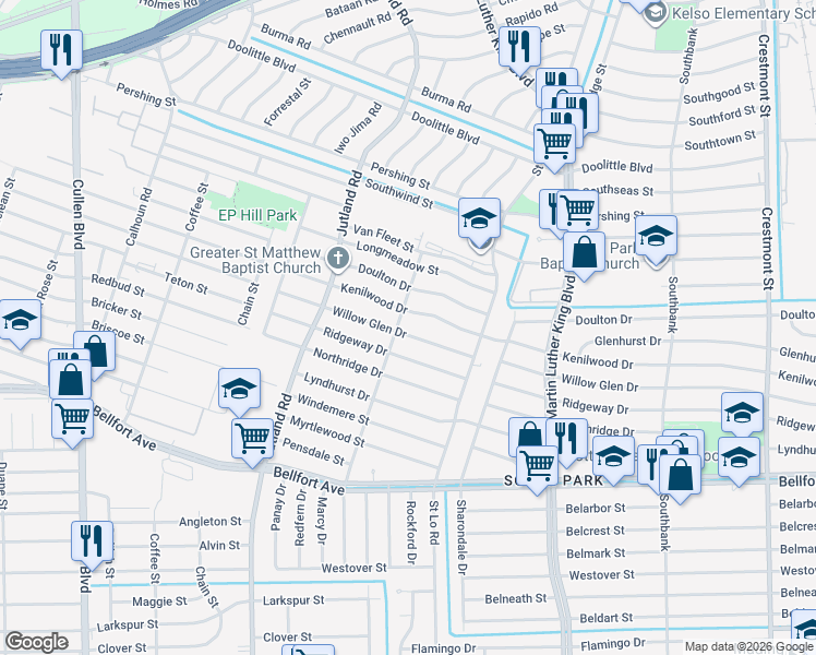 map of restaurants, bars, coffee shops, grocery stores, and more near 5307 Willow Glen Dr in Houston