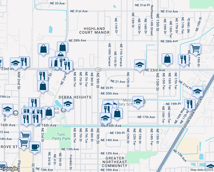map of restaurants, bars, coffee shops, grocery stores, and more near 924 Northeast 20 Place in Gainesville