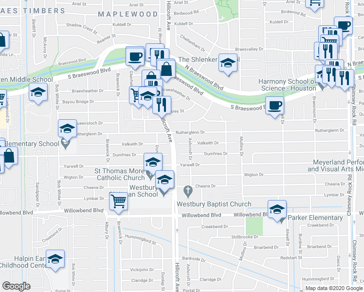 map of restaurants, bars, coffee shops, grocery stores, and more near 5831 Valkeith Drive in Houston