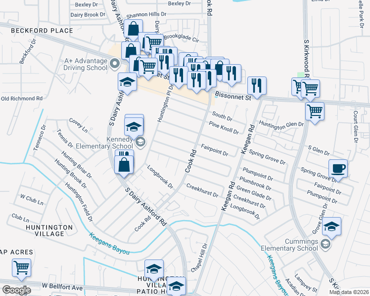 map of restaurants, bars, coffee shops, grocery stores, and more near 12314 Plumpoint Drive in Houston