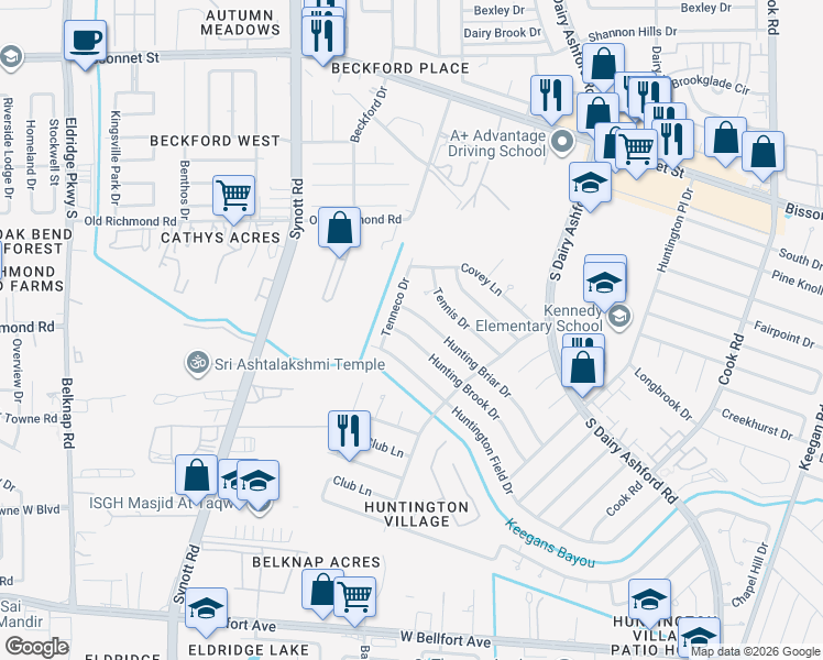 map of restaurants, bars, coffee shops, grocery stores, and more near 12822 Hunting Brook Drive in Houston