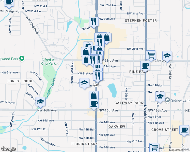 map of restaurants, bars, coffee shops, grocery stores, and more near 2020 NW 13th St in Gainesville