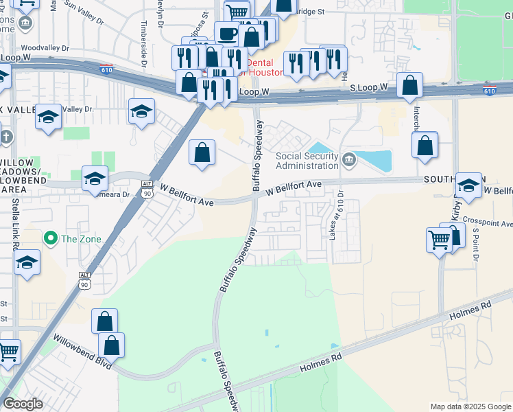 map of restaurants, bars, coffee shops, grocery stores, and more near 10288 Buffalo Speedway in Houston