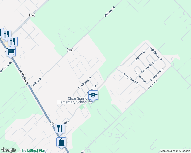 map of restaurants, bars, coffee shops, grocery stores, and more near 2124 Conner Drive in New Braunfels